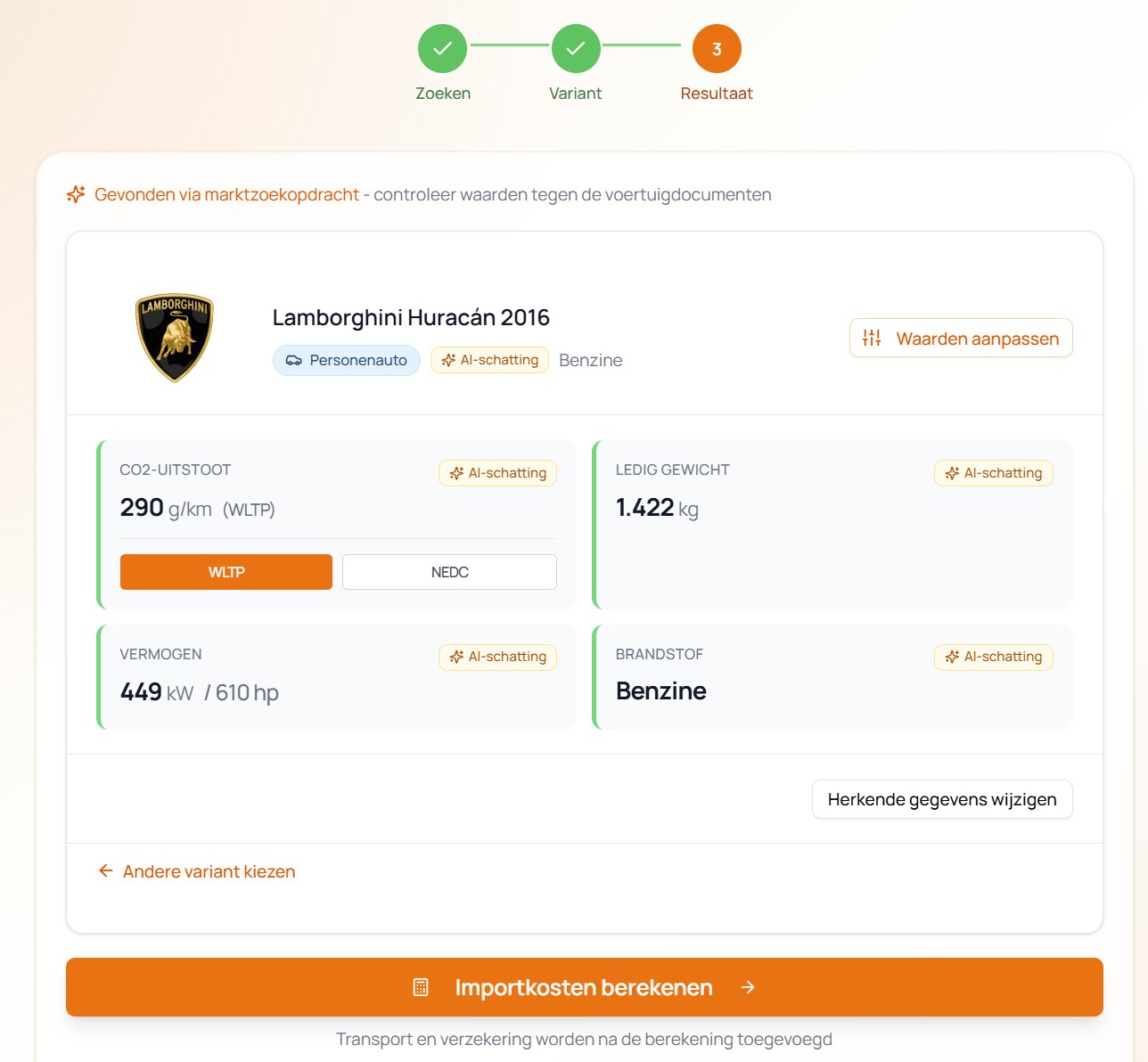 Importcalc voertuiggegevens voor een Lamborghini Huracán 2016 met WLTP CO2-uitstoot, gewicht, vermogen en brandstof voor het berekenen van BPM en importkosten.