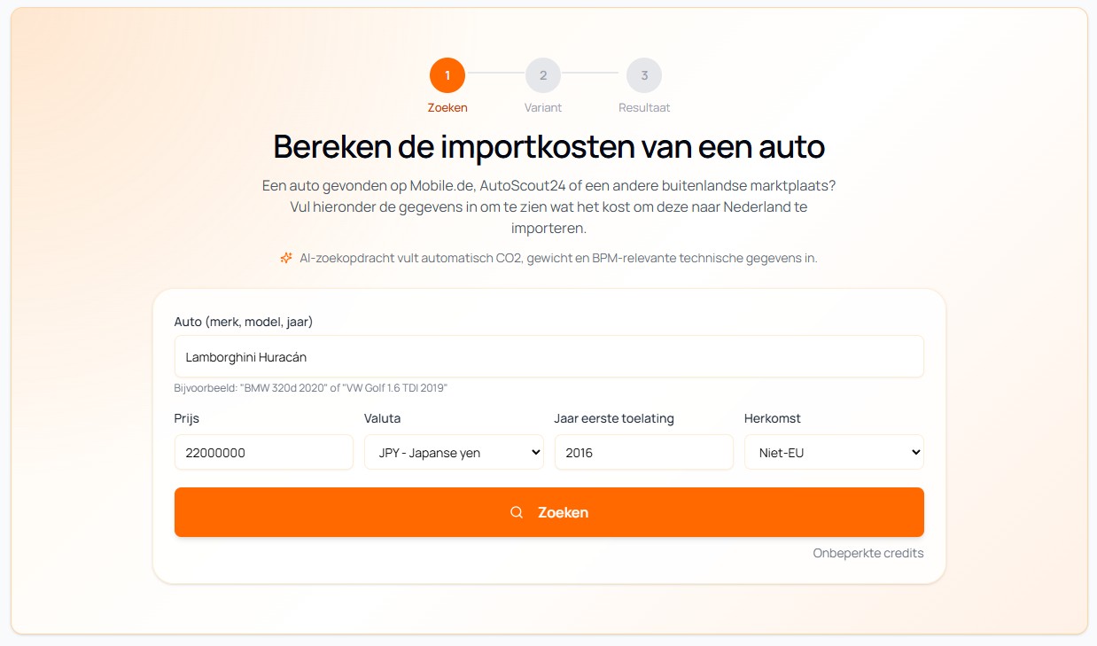 Importcalc zoekformulier voor het berekenen van de totale kosten van een auto importeren, met prijs, valuta, bouwjaar en herkomst