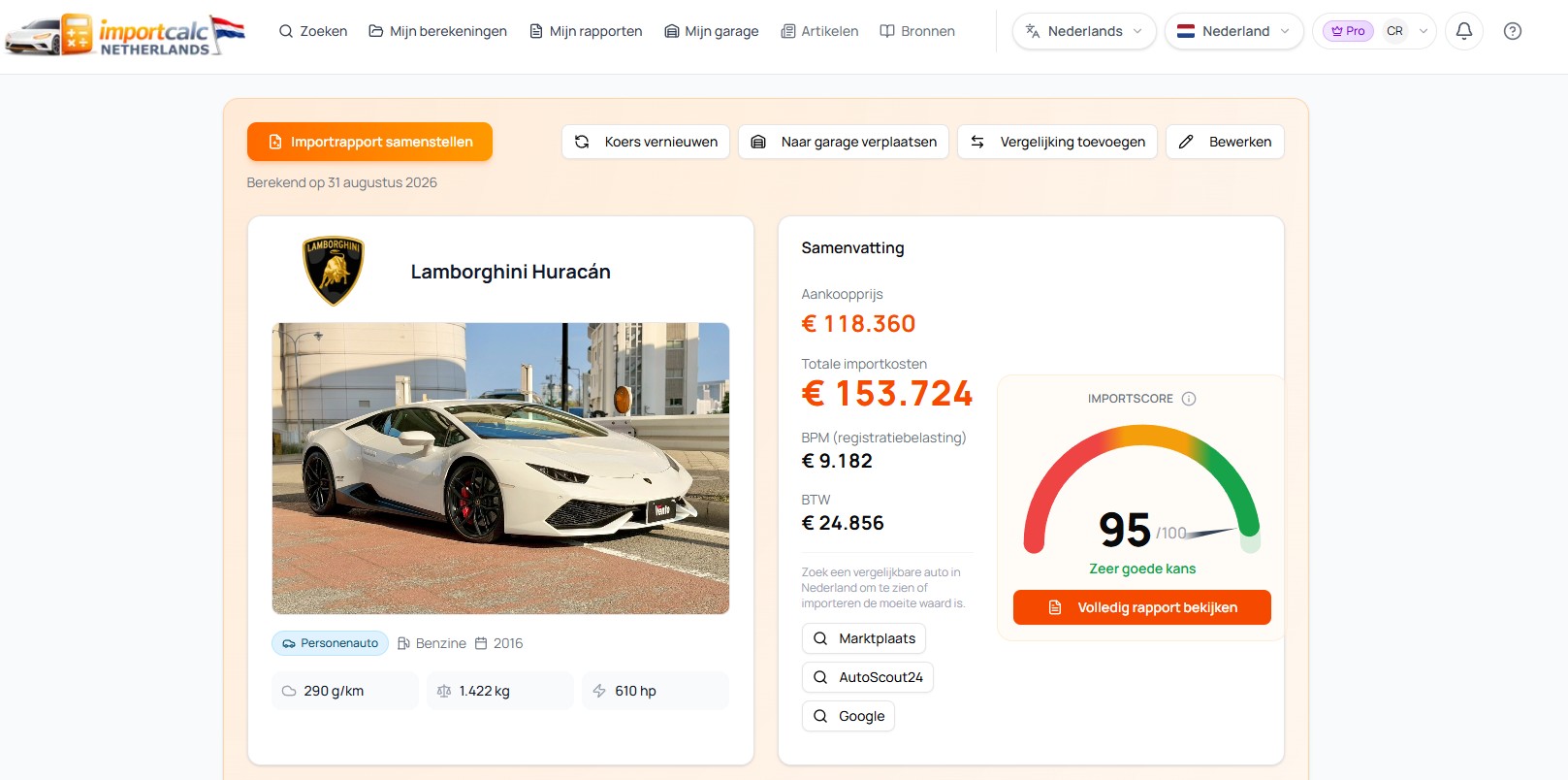 Importcalc rapport voor een Lamborghini Huracán met aankoopprijs, totale importkosten, BPM en Importscore om de import met de Nederlandse markt te vergelijken.