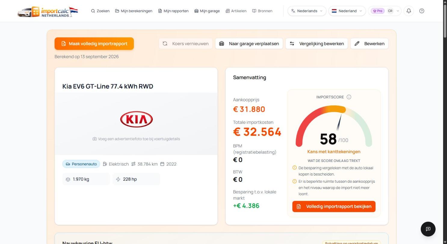 Importcalc-resultaat met totale importkosten van 32.564 euro en importscore 58 van 100