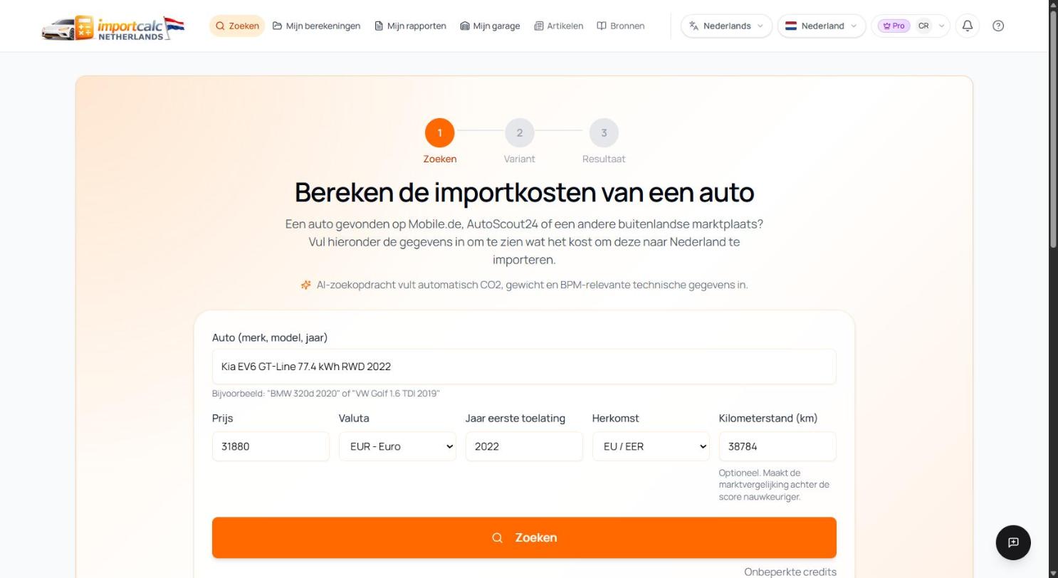 Importcalc-zoekformulier met de Kia EV6 en de Duitse vraagprijs van 31.880 euro ingevuld