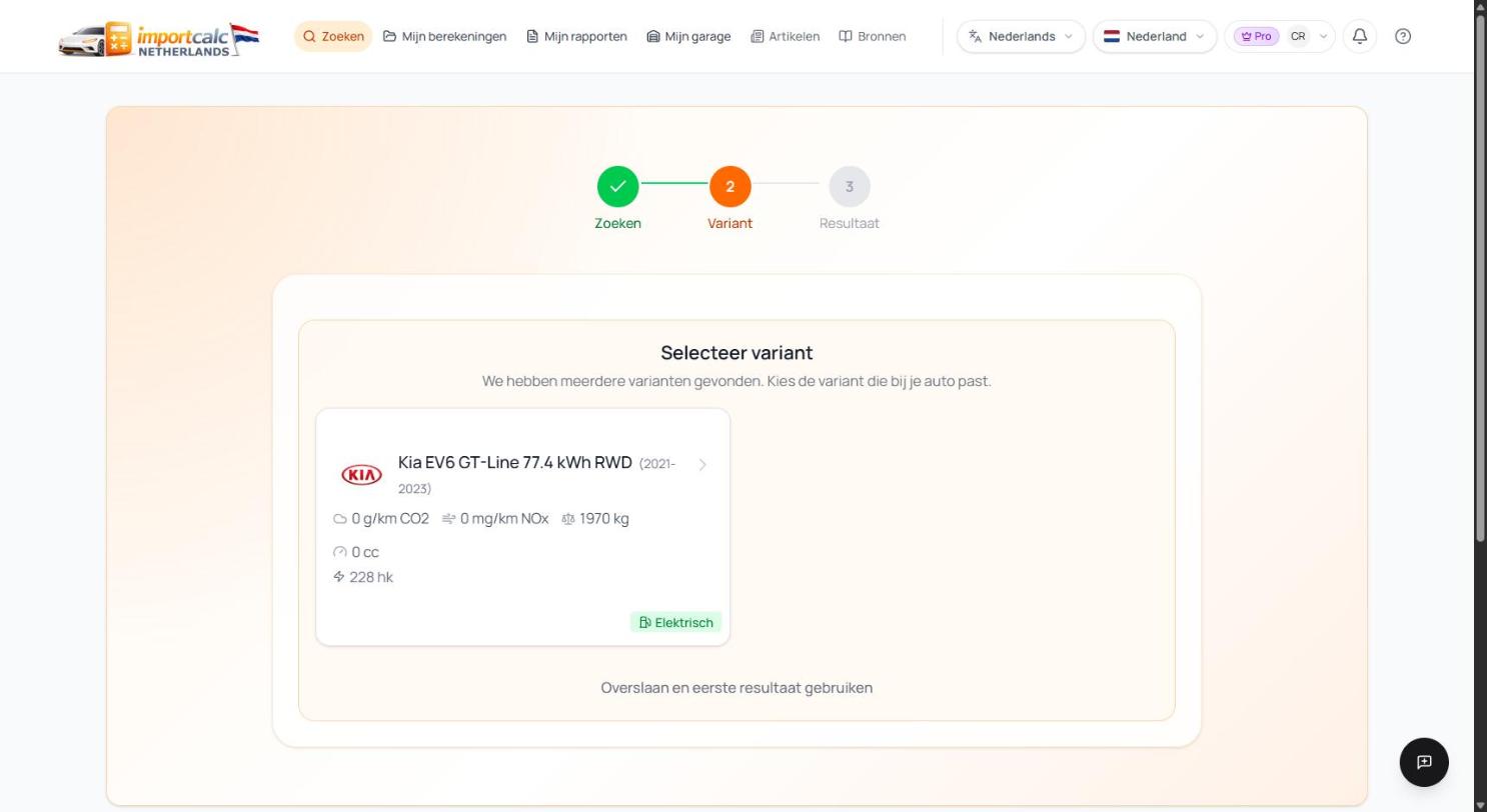 Variantkeuze in Importcalc met de herkende Kia EV6 GT-Line 77.4 kWh RWD