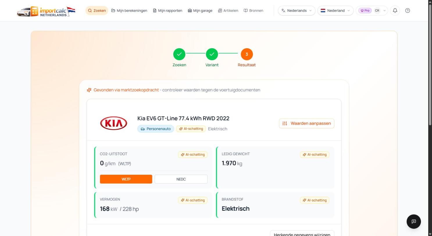 Controlescherm met AI-geschatte gegevens: 0 g/km CO2, 1.970 kg leeggewicht, 168 kW, elektrisch