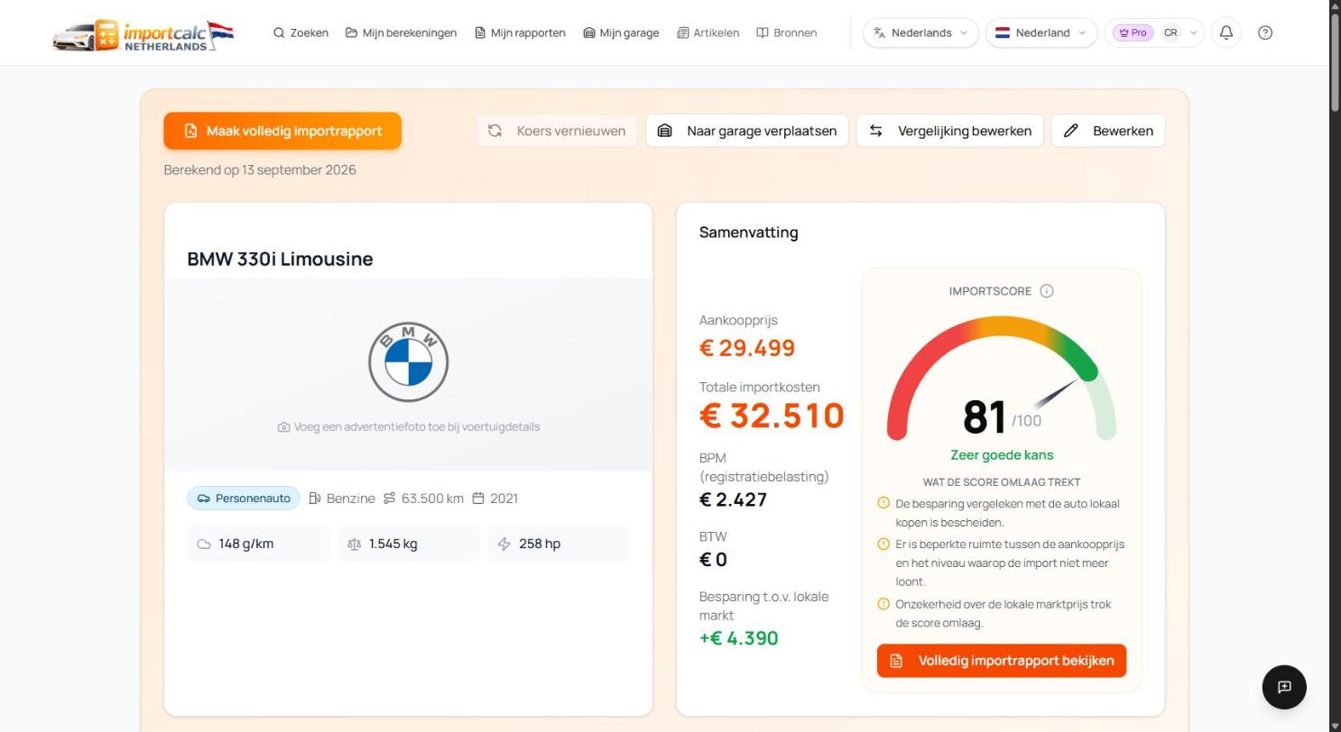 Importcalc-resultaat voor de BMW 330i met totale importkosten van 32.510 euro en importscore 81 van 100