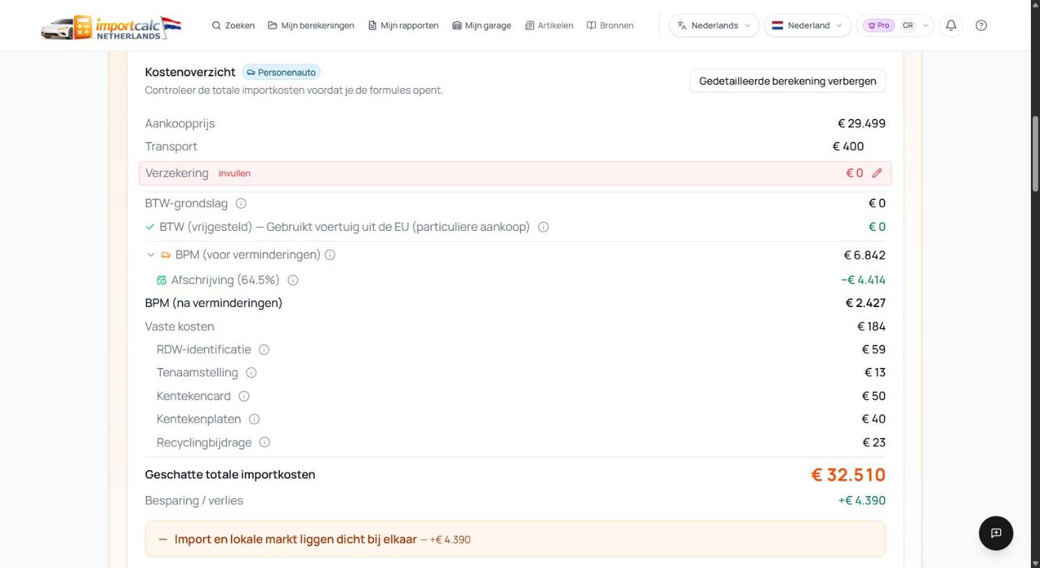 Kostenoverzicht in Importcalc: 29.499 euro aankoop, 400 euro transport, 6.842 euro bruto BPM, 64,5 procent afschrijving, 2.427 euro BPM, totaal 32.510 euro