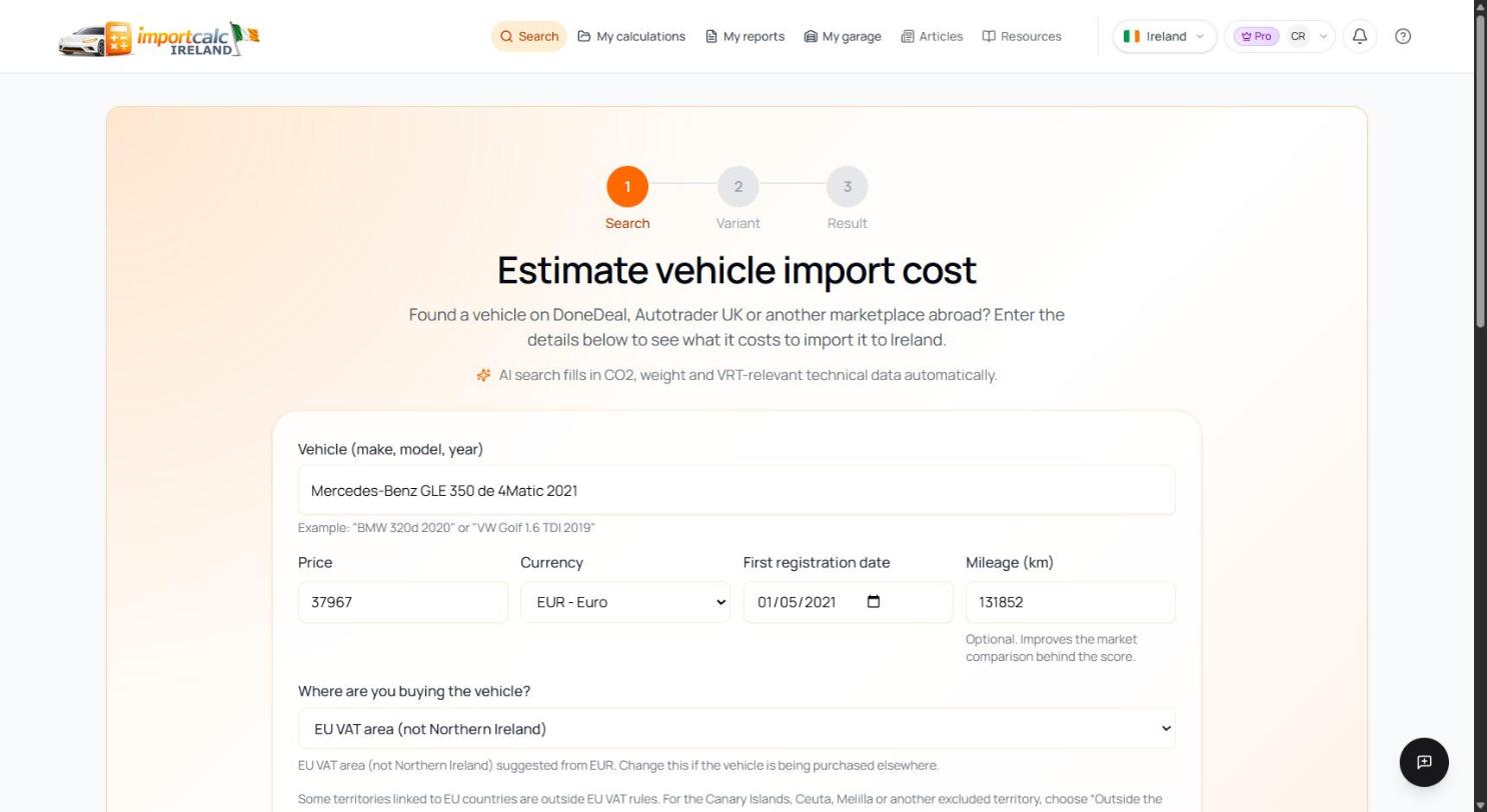 Importcalc Ireland search form with the German GLE entered, the price in euro and the EU VAT area selected as purchase origin