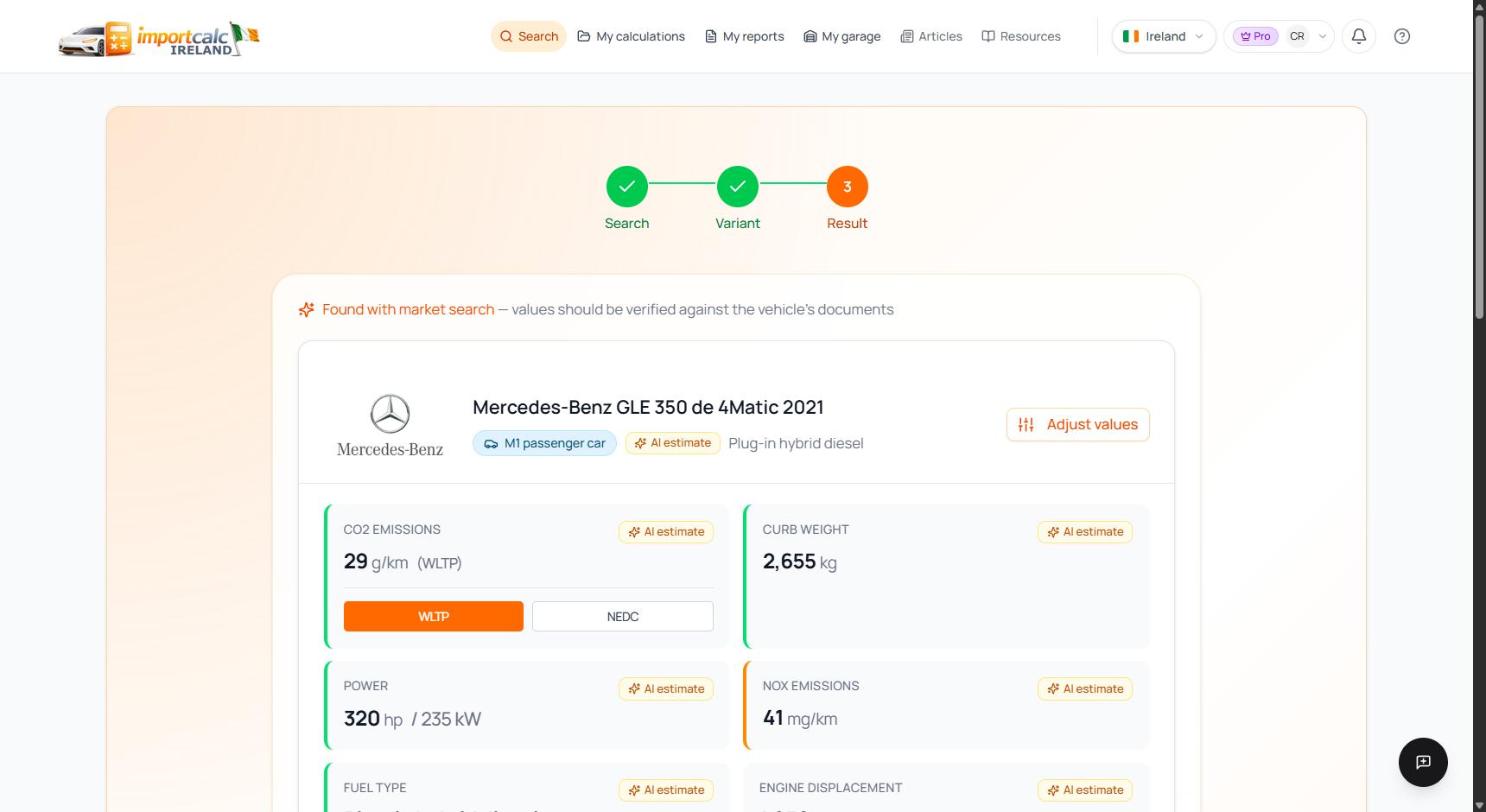 Importcalc data step for the Mercedes GLE 350 de showing CO2, weight, power and NOx as AI estimates, with the WLTP and NEDC switch