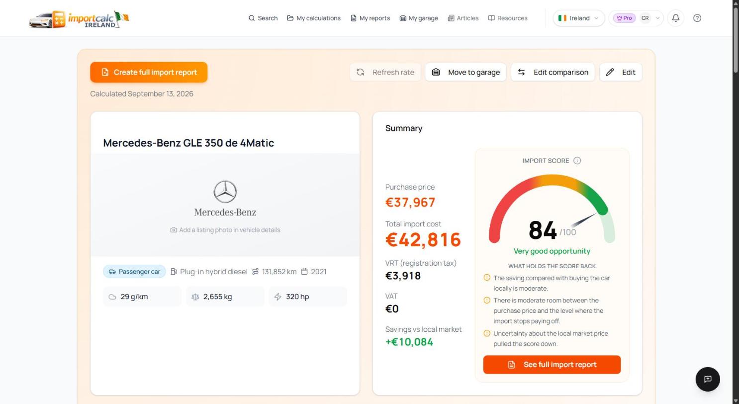 Importcalc result for a German Mercedes GLE 350 de with a landed cost of 42,816 euro and an import score of 84 out of 100