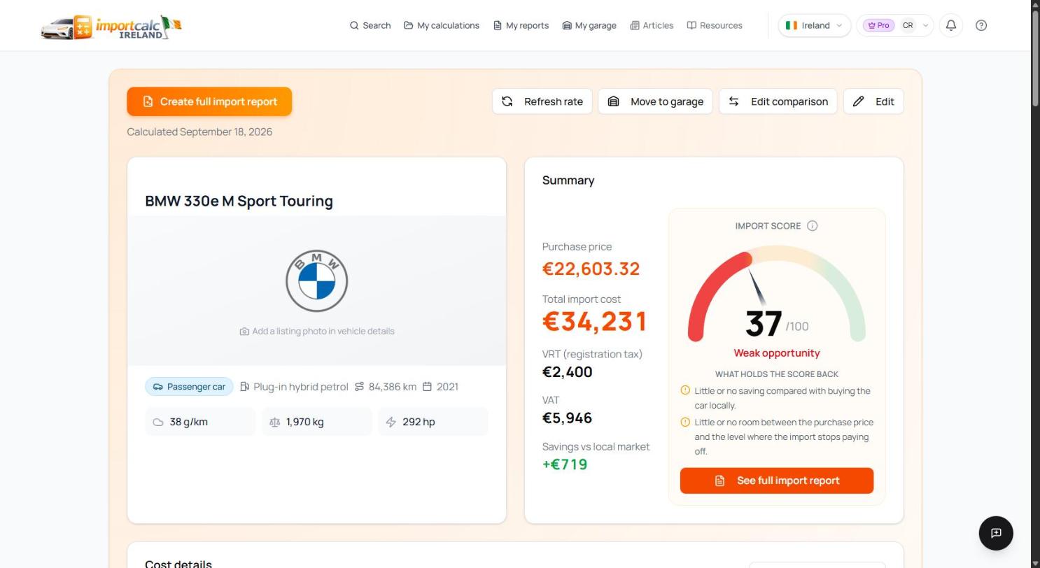 Importcalc result for the British BMW 330e Touring with a landed cost of 34,231 euro and an import score of 37 out of 100