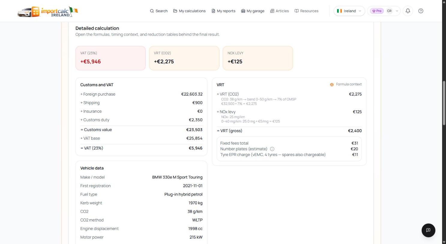 Importcalc detailed calculation for the BMW 330e: customs value, VAT base and the VRT formula at 7 percent of OMSP