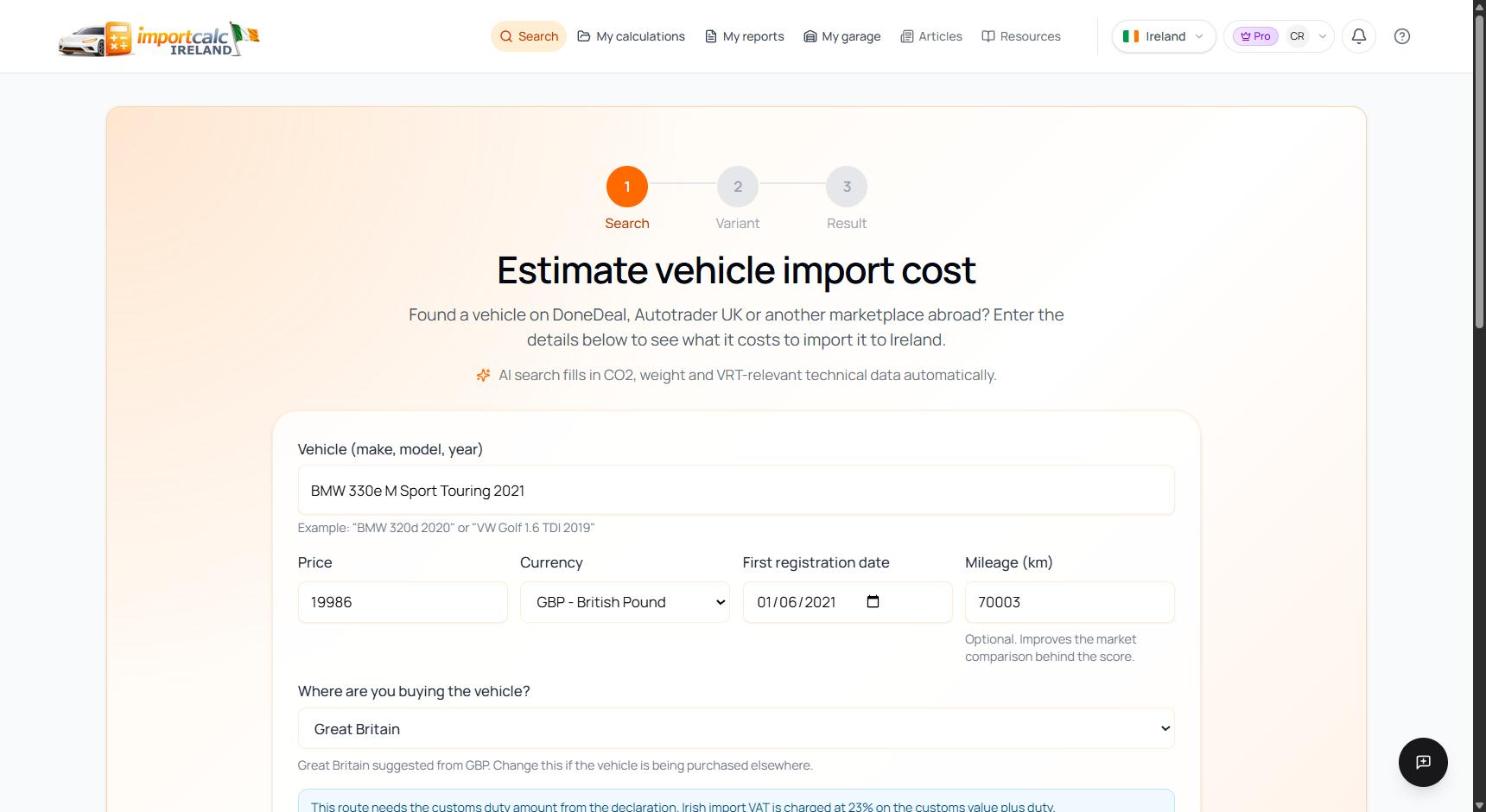 Importcalc Ireland search form with the BMW 330e Touring entered in pounds sterling and Great Britain suggested as the purchase origin