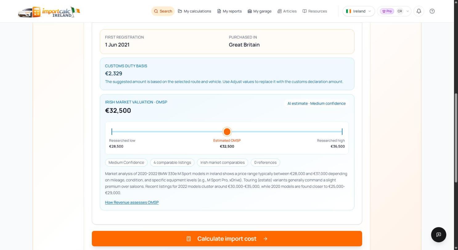 Importcalc data step for the BMW 330e Touring showing the Great Britain route, the suggested customs duty of 2,329 euro and the researched OMSP of 32,500 euro