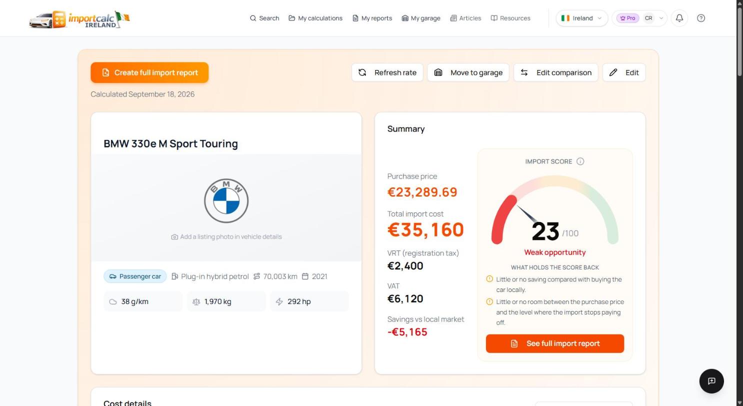 Importcalc result for the British BMW 330e Touring with a landed cost of 35,160 euro and an import score of 23 out of 100