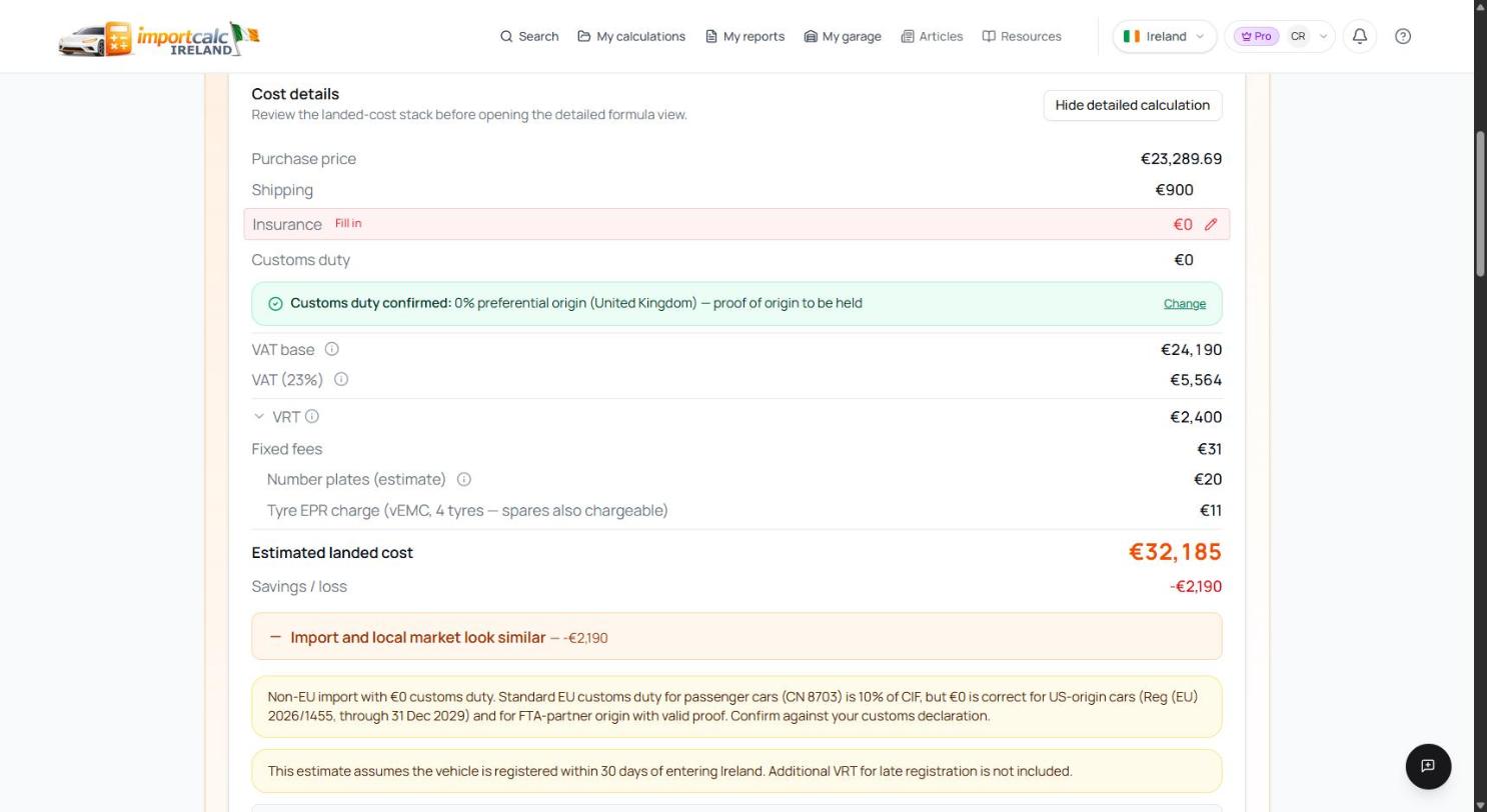 Importcalc cost details with the 0 percent preferential origin option selected: customs duty 0, VAT 5,564 euro and a landed cost of 32,185 euro