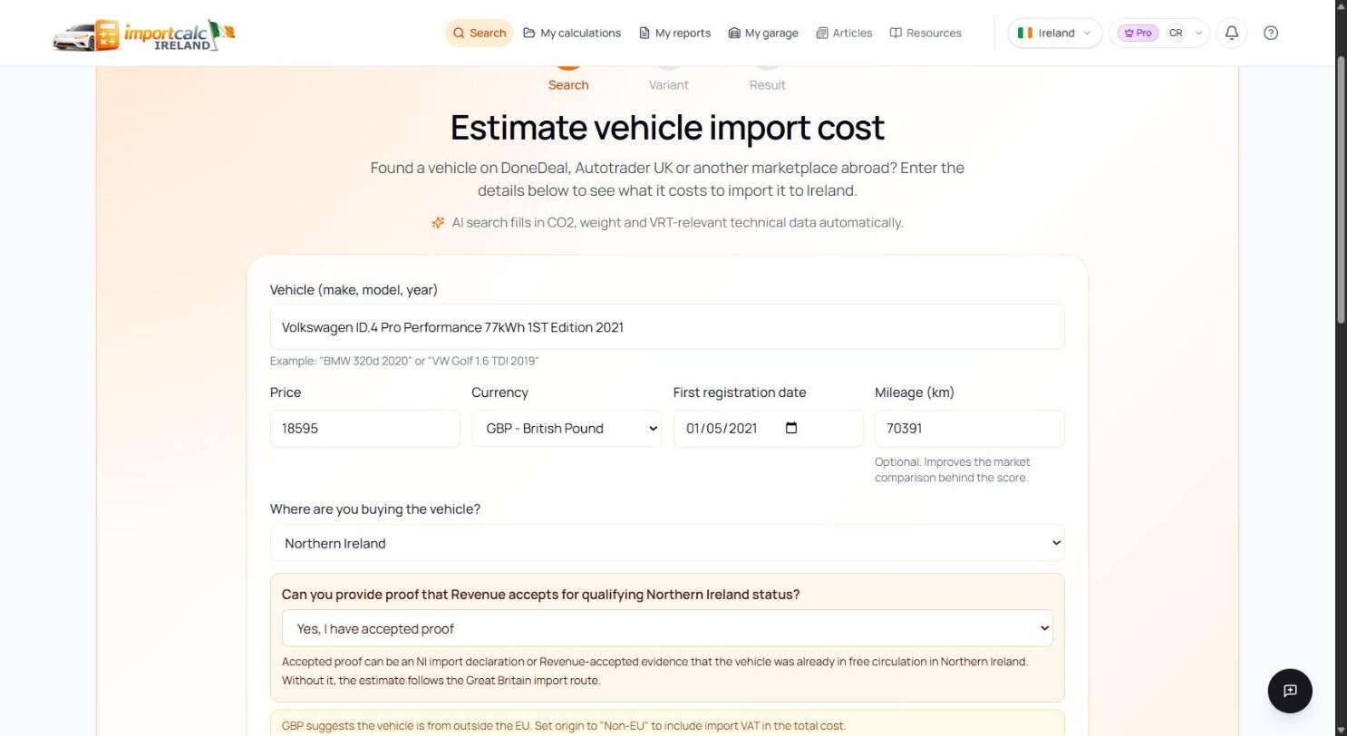 Importcalc Ireland search form with Northern Ireland selected as purchase origin and the question about proof that Revenue accepts