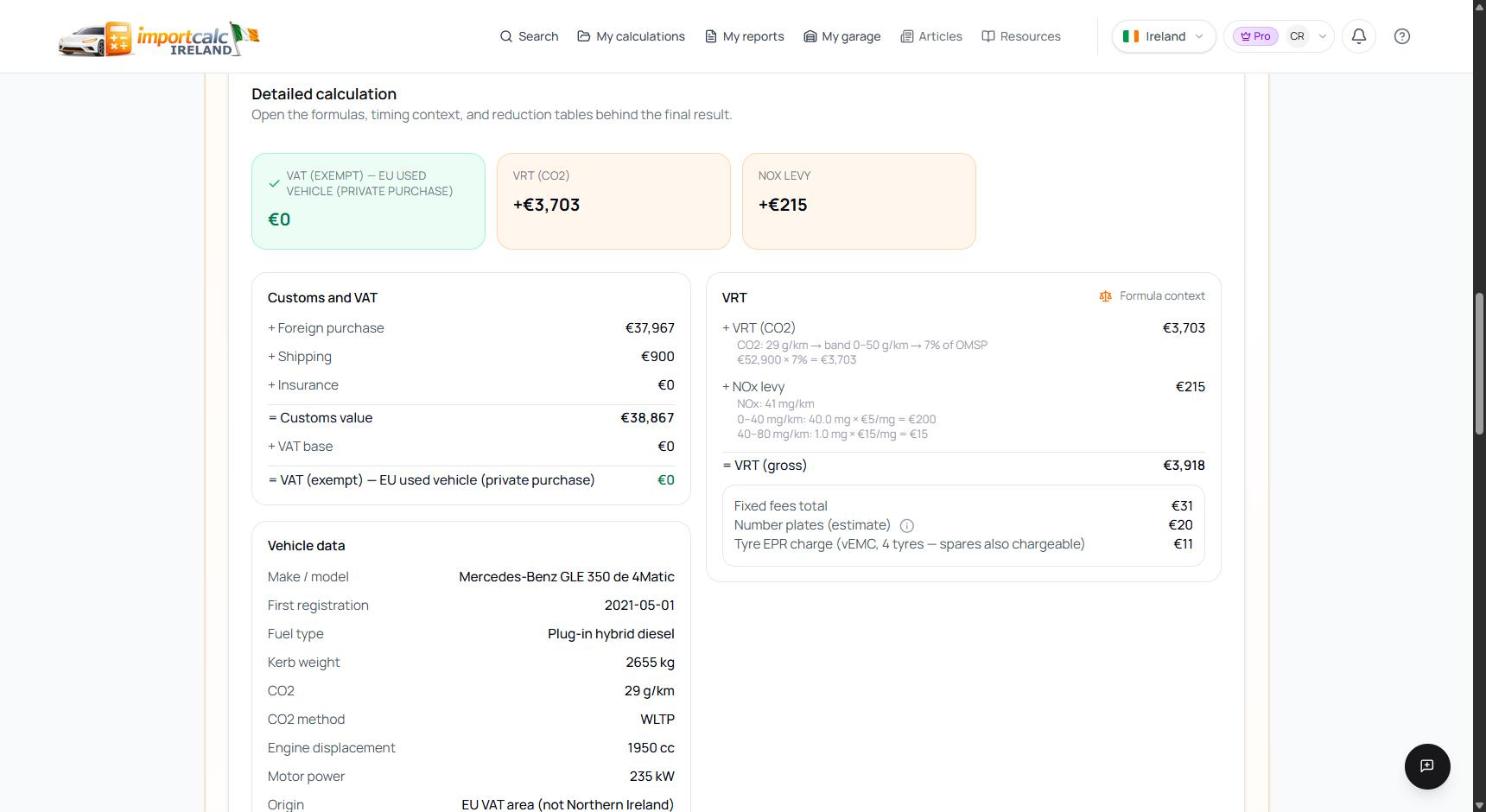 Importcalc detailed calculation for a Mercedes GLE 350 de: 7 percent of a 52,900 euro OMSP gives 3,703 euro, plus a NOx levy of 215 euro