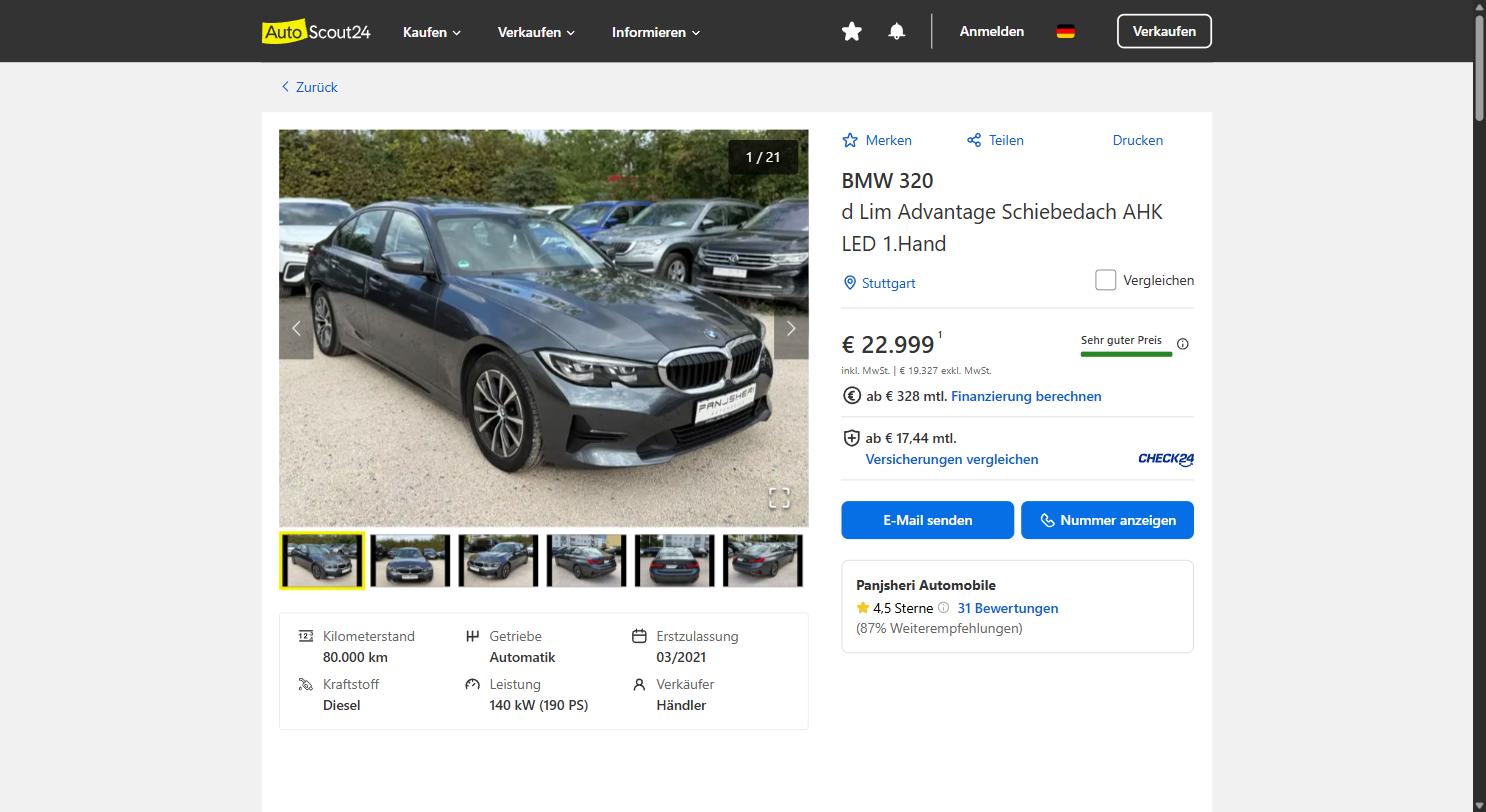 Anúncio alemão no AutoScout24 de um BMW 320d Limousine Advantage de 03/2021 com 80 000 km por 22 999 euros em Estugarda