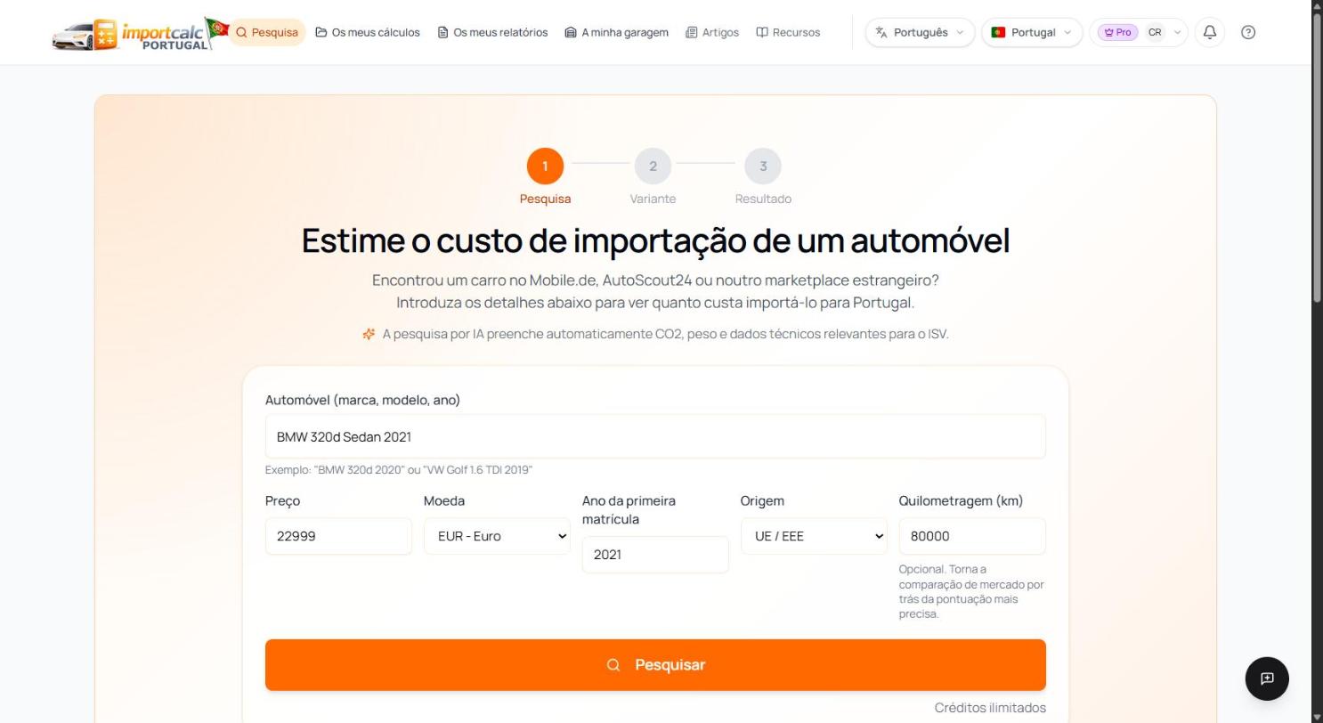 Formulário de pesquisa do Importcalc Portugal com o BMW 320d, o preço alemão de 22 999 euros, o ano de 2021 e 80 000 km preenchidos
