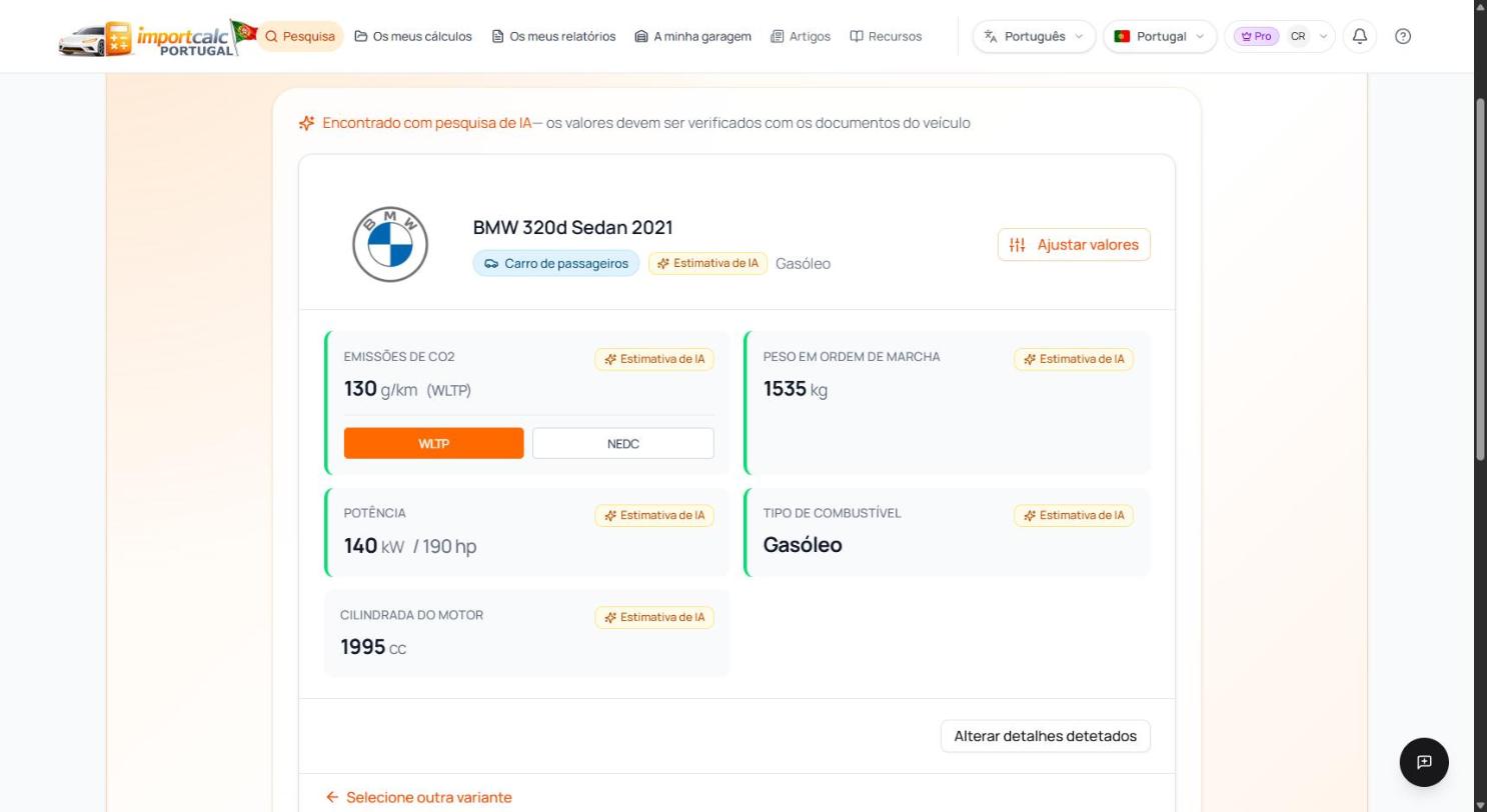 Ecrã de verificação no Importcalc com os dados reconhecidos do BMW 320d: 130 g/km WLTP, 1535 kg, 140 kW, gasóleo, 1995 cc
