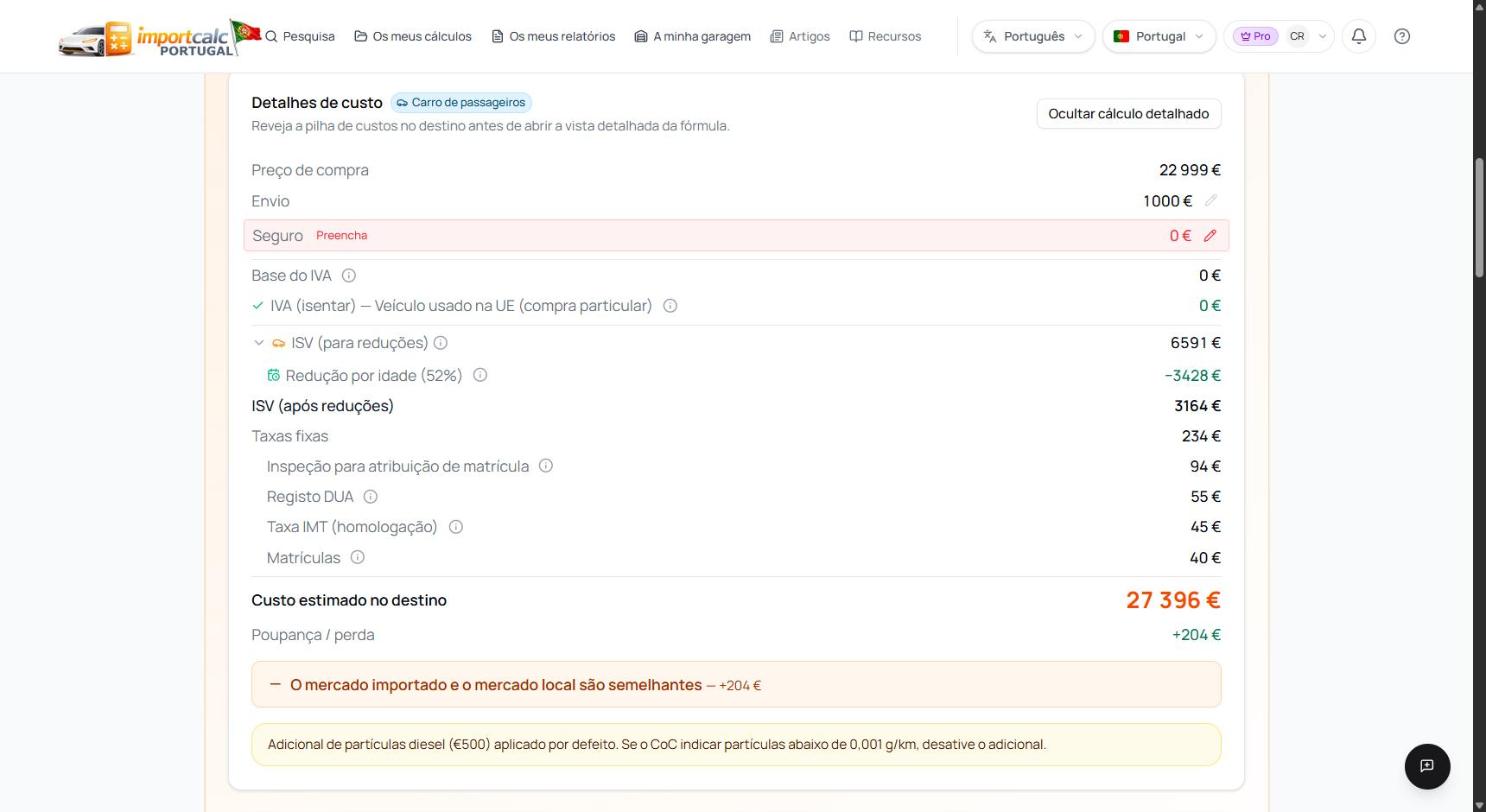 Detalhes de custo no Importcalc para o BMW 320d: 22 999 euros de compra, 1000 euros de envio, ISV de 3164 euros após redução de 52 por cento, taxas fixas de 234 euros, total de 27 396 euros