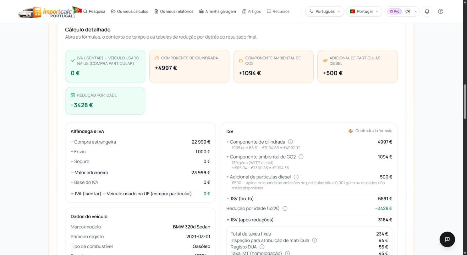 Cálculo detalhado do ISV do BMW 320d no Importcalc: componente de cilindrada 4997 euros, componente ambiental 1094 euros, adicional de partículas 500 euros, redução por idade 3428 euros, ISV de 3164 euros