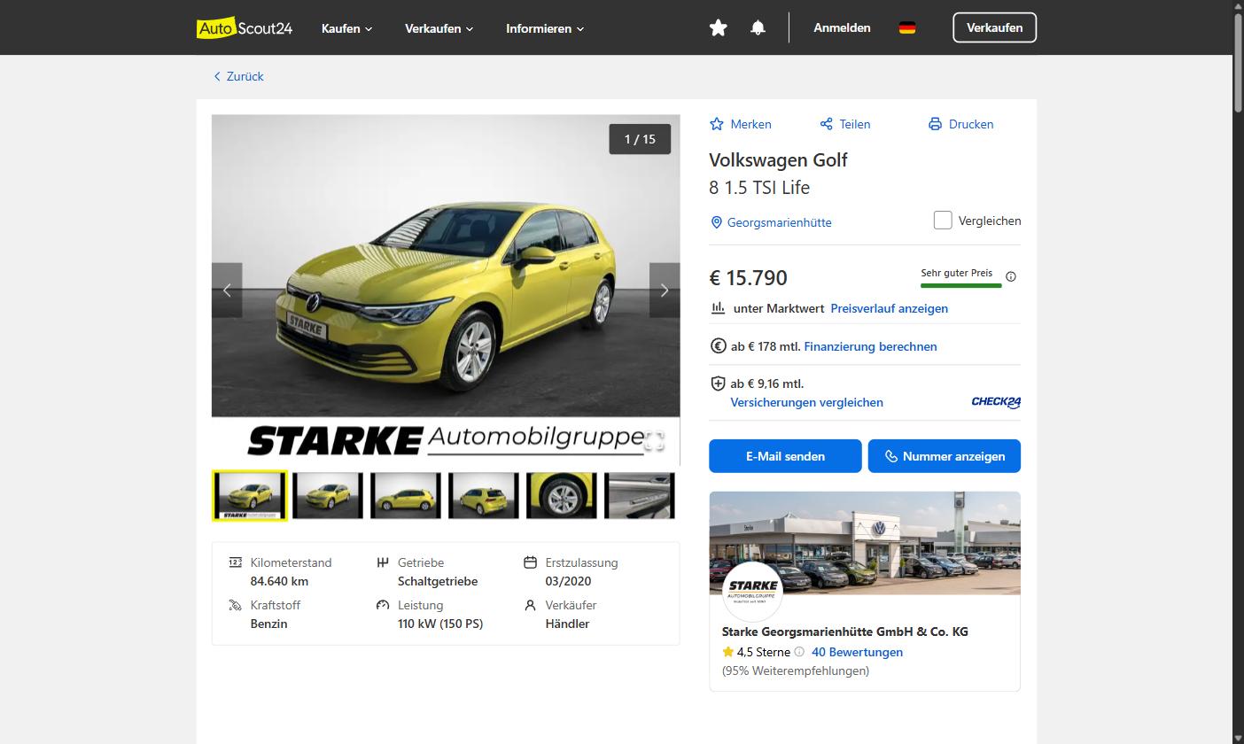 Anúncio alemão no AutoScout24 de um Volkswagen Golf 8 1.5 TSI Life de 03/2020 com 84 640 km por 15 790 euros