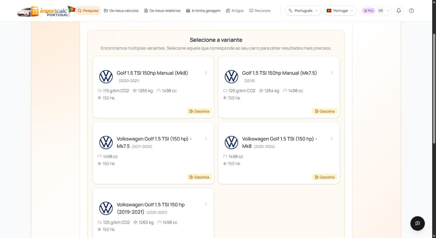 Seleção de variante no Importcalc com cinco candidatos para o Volkswagen Golf 1.5 TSI de 150 cv