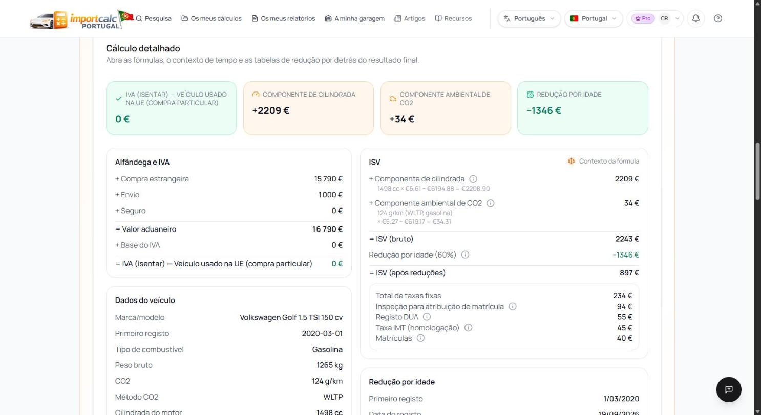 Cálculo detalhado do ISV do Volkswagen Golf no Importcalc: componente de cilindrada 2209 euros, componente ambiental 34 euros, redução por idade de 60 por cento, ISV de 897 euros