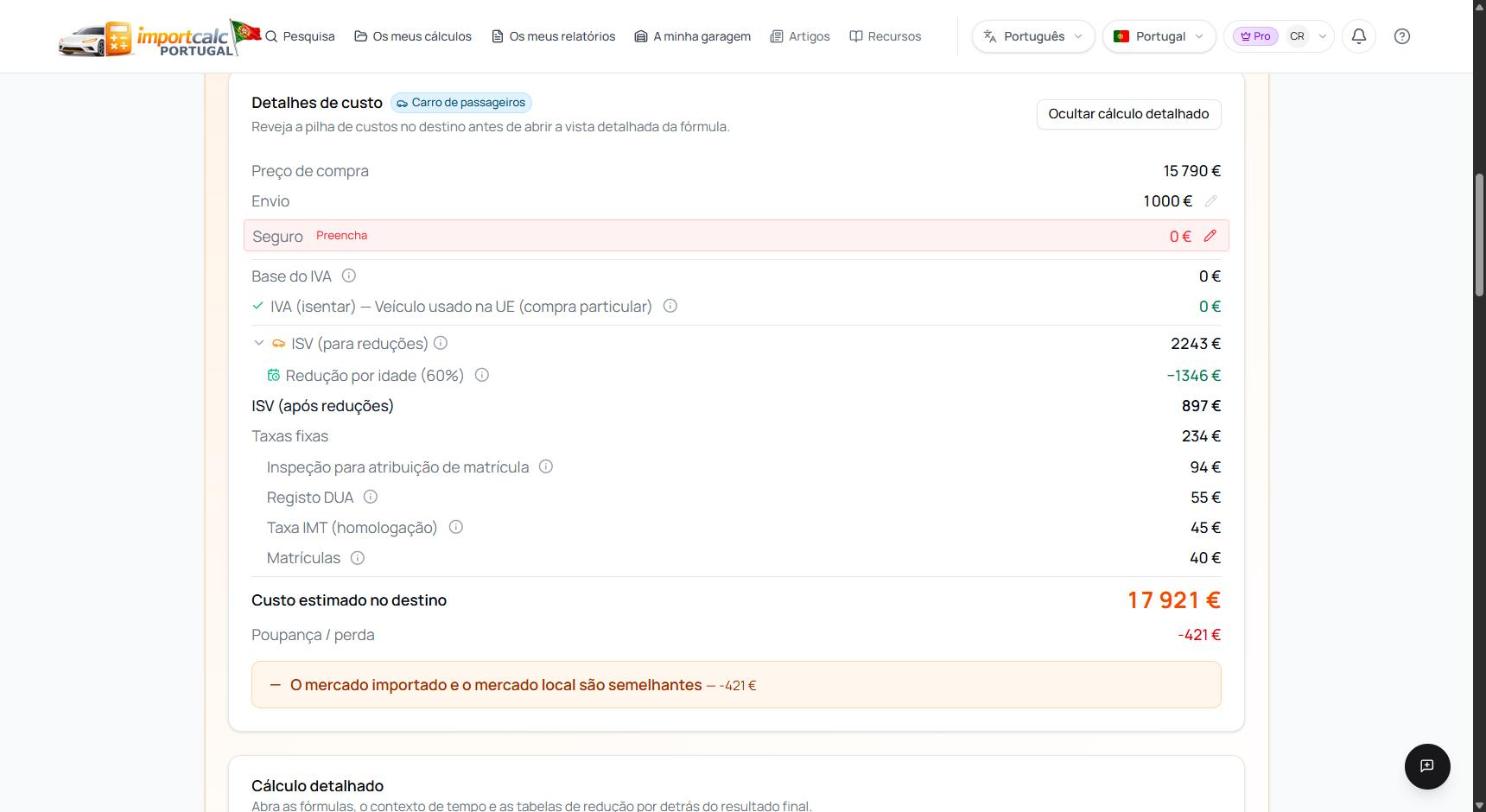 Detalhes de custo no Importcalc para o Volkswagen Golf: 15 790 euros de compra, 1000 euros de envio, ISV de 897 euros após redução de 60 por cento, taxas fixas de 234 euros, total de 17 921 euros