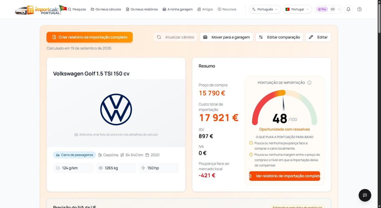 Resultado do Importcalc para o Volkswagen Golf 1.5 TSI com custo total de importação de 17 921 euros, ISV de 897 euros e pontuação de importação de 48 em 100