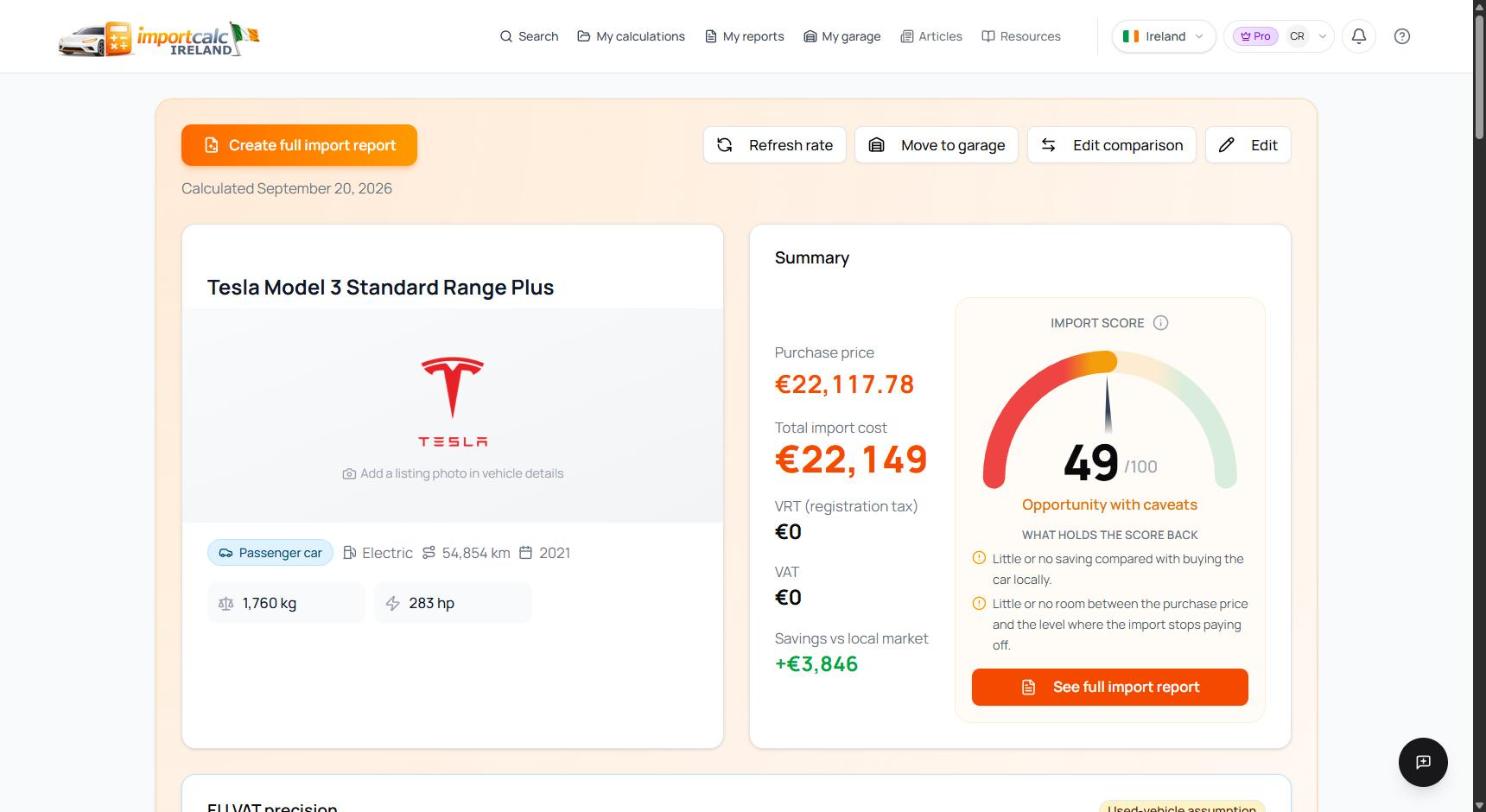 Importcalc result for the Tesla Model 3: landed cost of 22,149 euro, zero VRT, savings of 3,846 euro and an import score of 49 out of 100