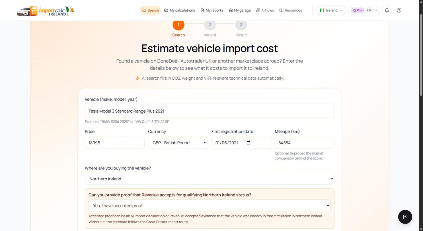 Importcalc Ireland search form with the Tesla Model 3, 18,995 pounds, Northern Ireland as place of purchase and accepted proof selected
