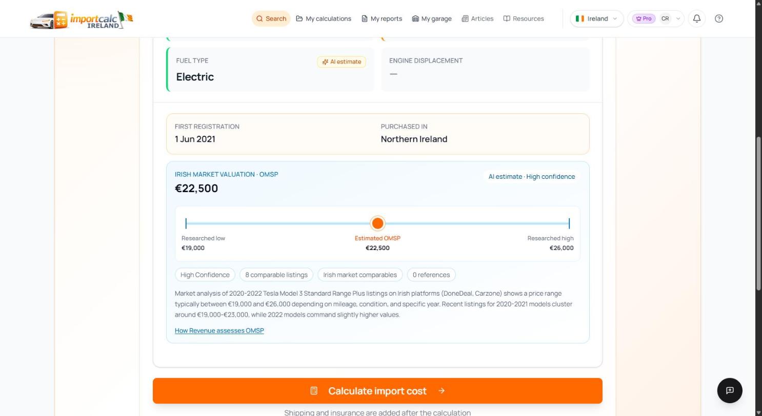 Importcalc Irish market valuation showing an estimated OMSP of 22,500 euro within a researched range of 19,000 to 26,000 euro