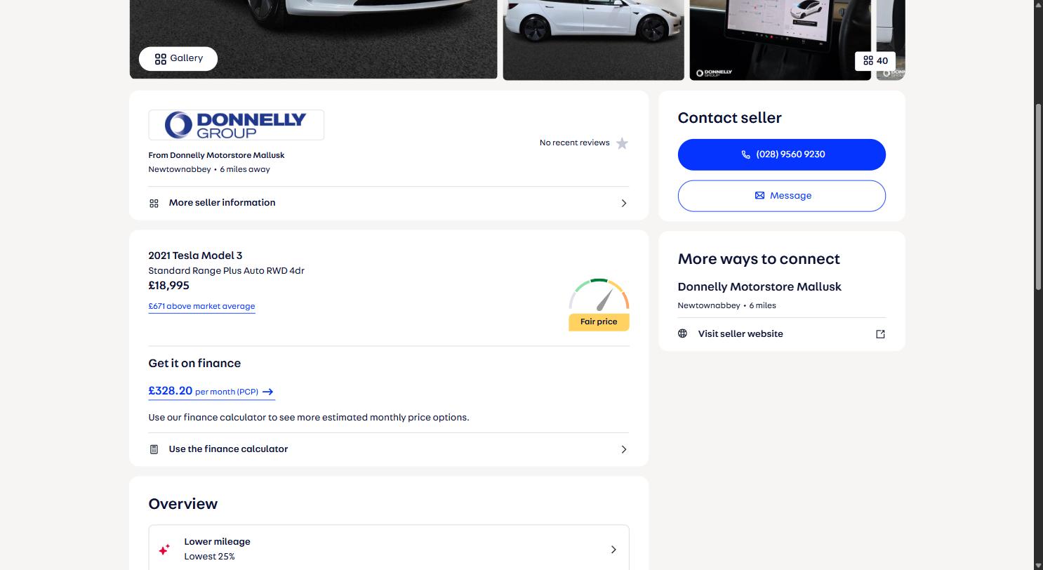 Autotrader UK advert for a 2021 Tesla Model 3 Standard Range Plus at Donnelly Motorstore Mallusk priced at 18,995 pounds