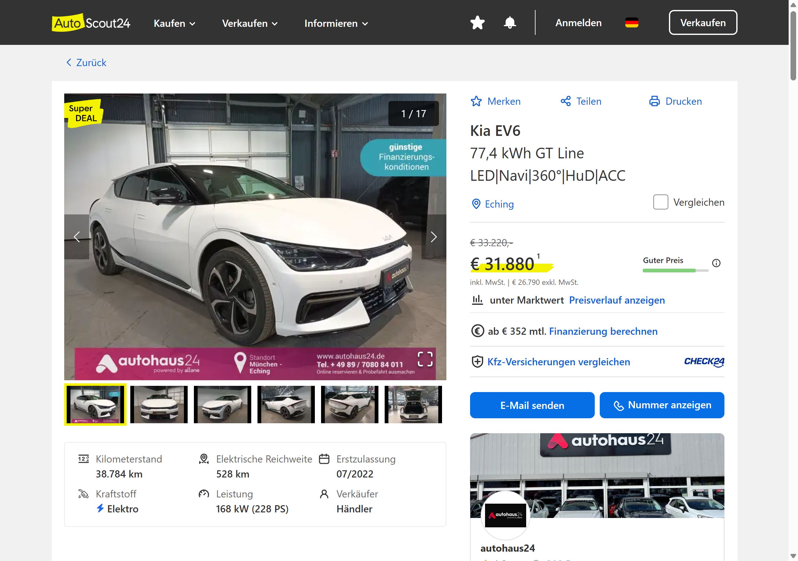 Duitse AutoScout24-advertentie van een Kia EV6 GT-Line uit 07/2022 met 38.784 km voor 31.880 euro