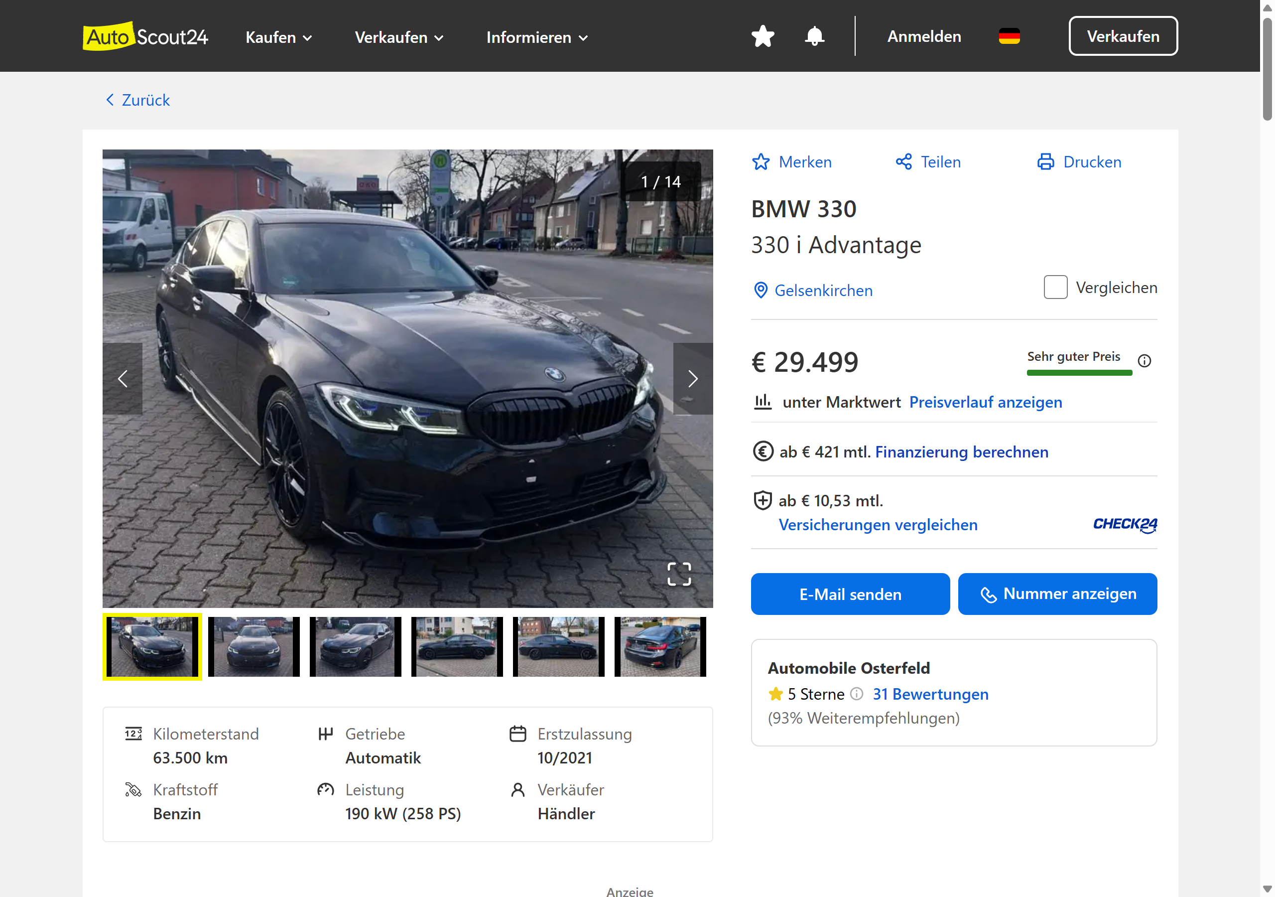 Duitse AutoScout24-advertentie van een BMW 330i Advantage uit 10/2021 met 63.500 km voor 29.499 euro