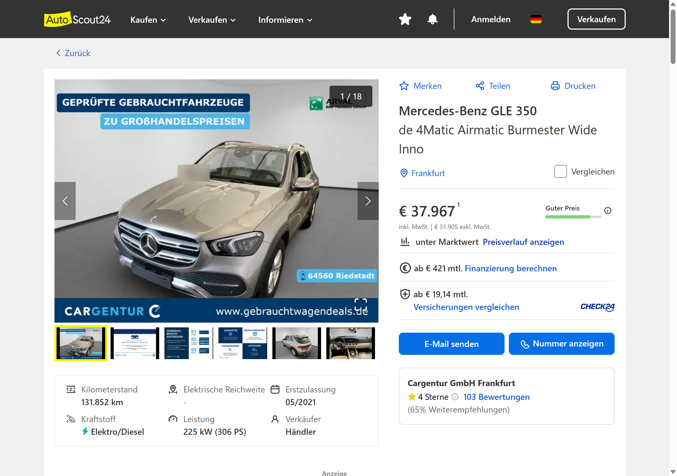German AutoScout24 advert for a 2021 Mercedes GLE 350 de 4Matic at 37,967 euro with 131,852 km
