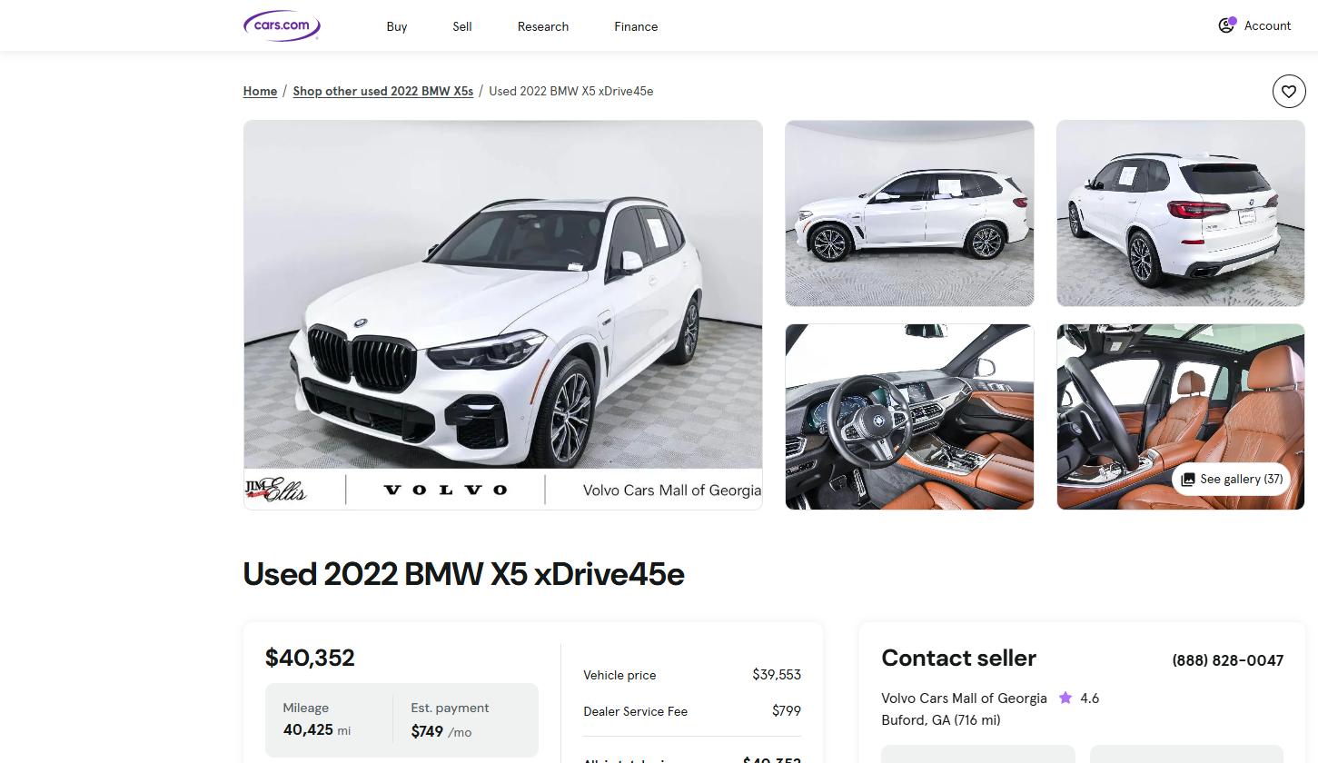 Anúncio no Cars.com de um BMW X5 xDrive45e de 2022 em Buford, Geórgia, por 40 352 dólares com 40 425 milhas