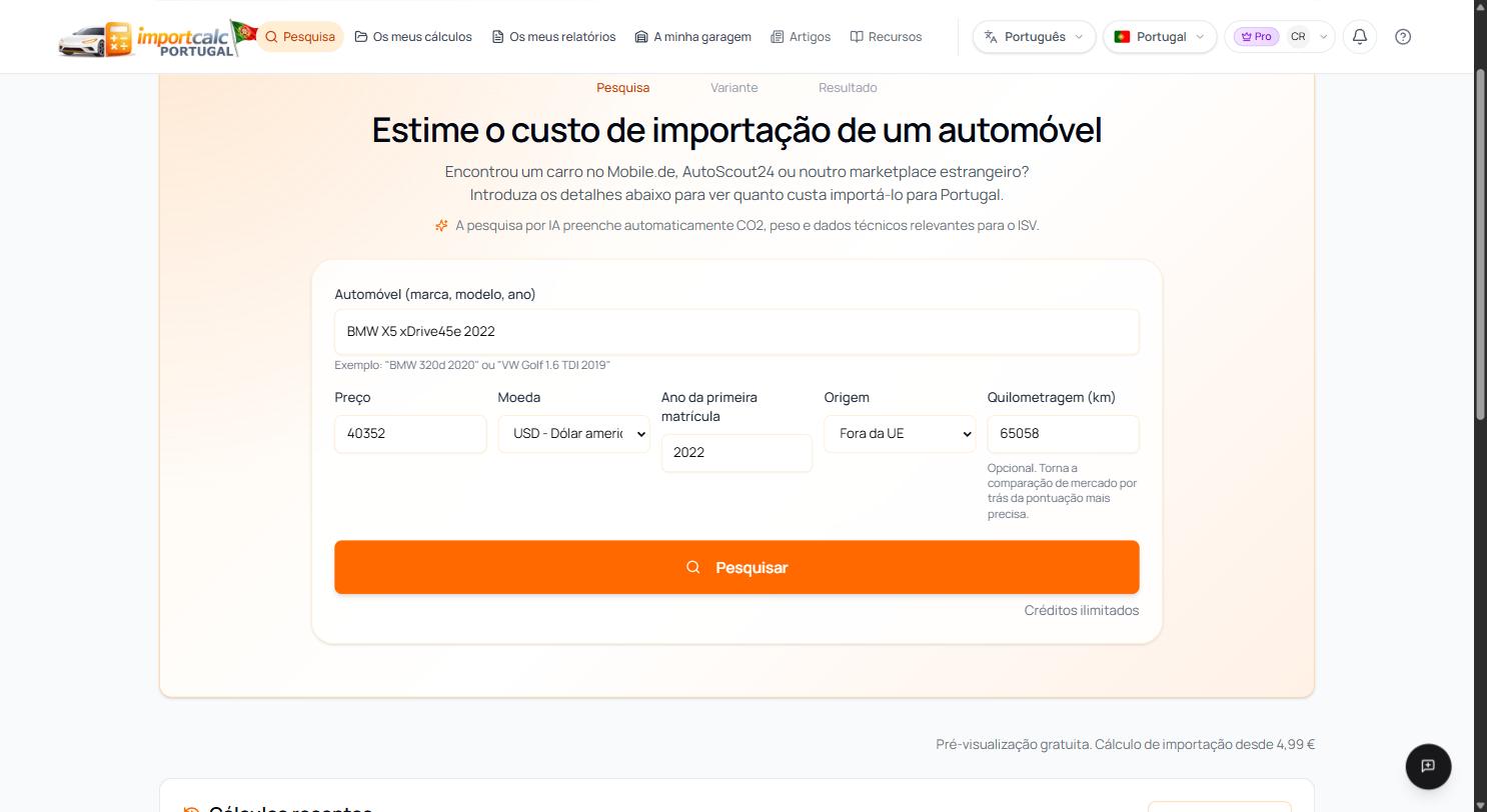 Pesquisa no Importcalc com BMW X5 xDrive45e 2022, 40 352 dólares, origem fora da UE e 65 058 km