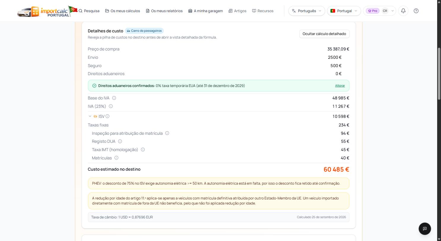 Detalhes de custo sem autonomia elétrica: ISV 10 598 €, IVA 11 267 €, custo estimado 60 485 €, com avisos sobre o desconto PHEV e a redução por idade