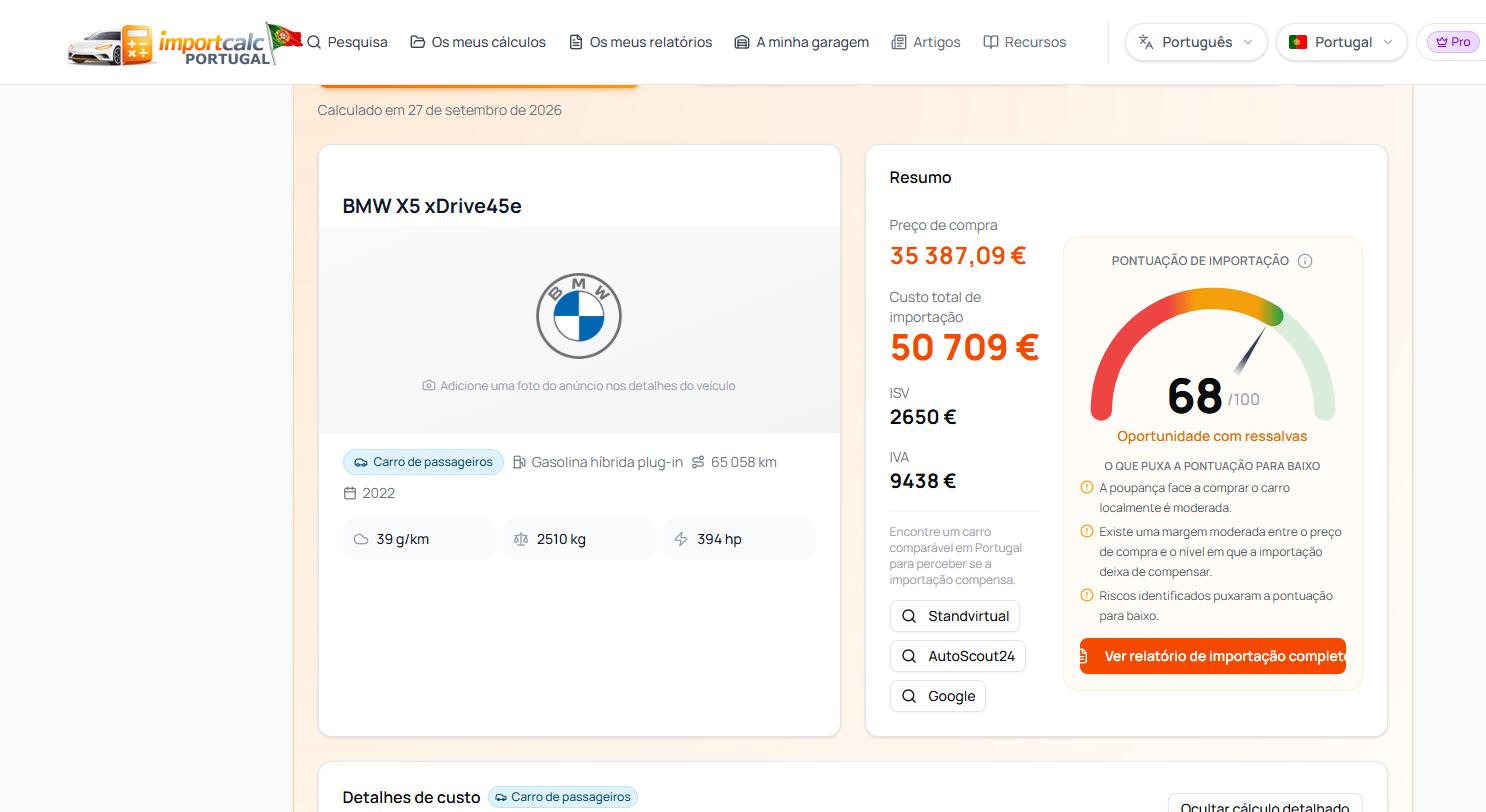 Resumo no Importcalc: custo total 50 709 €, ISV 2650 €, IVA 9438 € e pontuação de importação 68 em 100